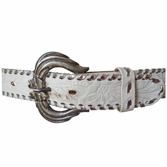 Western Tooled Leather Belt Size L Metallic Silver Braid with Flower Hardware